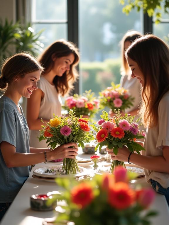 A group of smiling people creating their own bouquets during a floristry workshop.