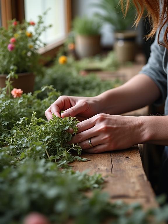 A close-up of a florist's hands carefully arranging native ferns and flowers.