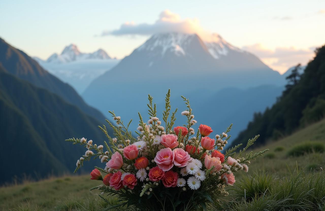 A breathtaking bouquet of native New Zealand flowers with a misty mountain in the background.