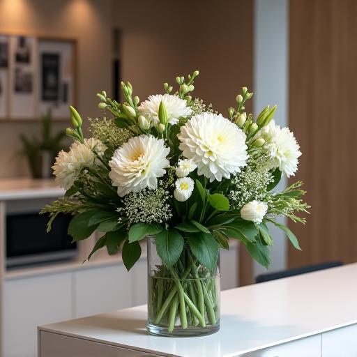 A modern floral arrangement on a corporate reception desk.