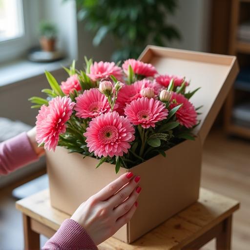 A person unboxing a weekly floral subscription box.