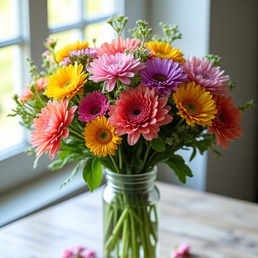 A vibrant, hand-tied bouquet of fresh flowers.